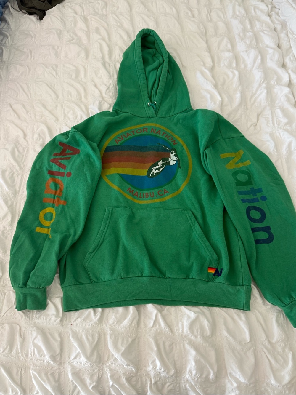 Aviator Nation Green Pullover Hoodie with Retro Malibu Graphic